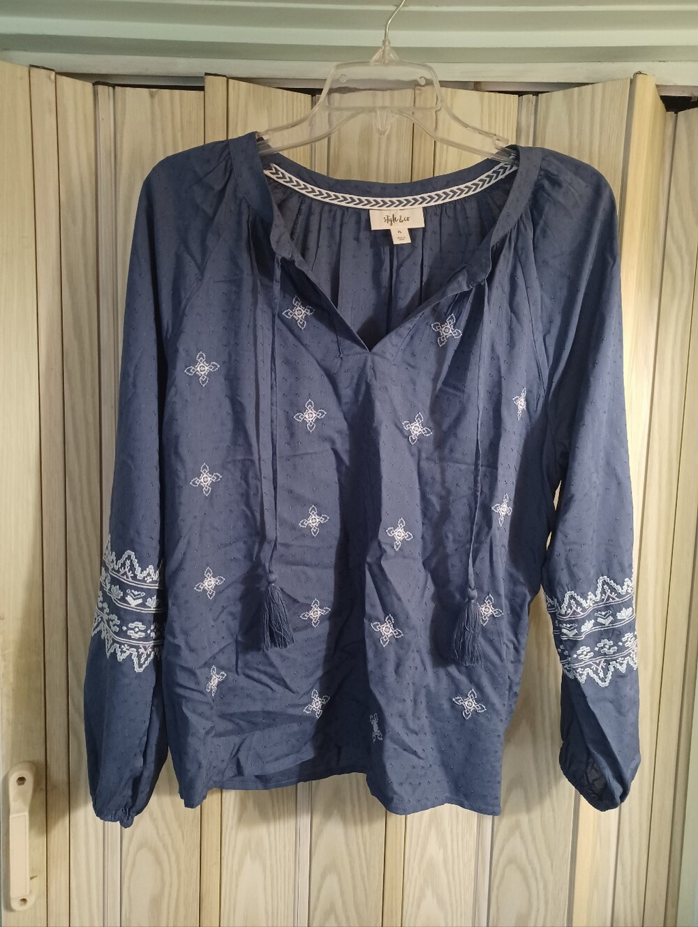 Style & Co. Tunic Women’s PL Petite Large White and Blue Boho Top Tassels